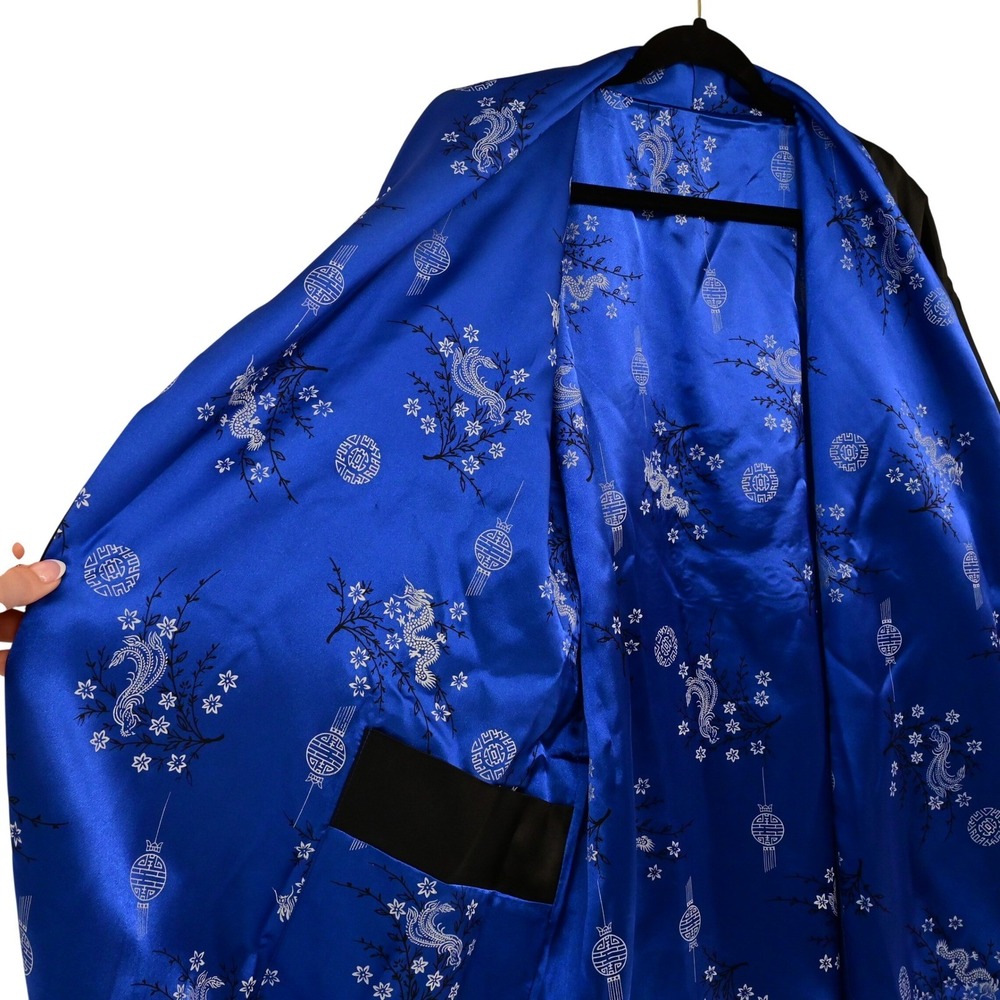 VTG Reversible Phoenix Dragon Kimono Robe Silk Satin Black Blue Pristine Boho - Picture 4 of 15